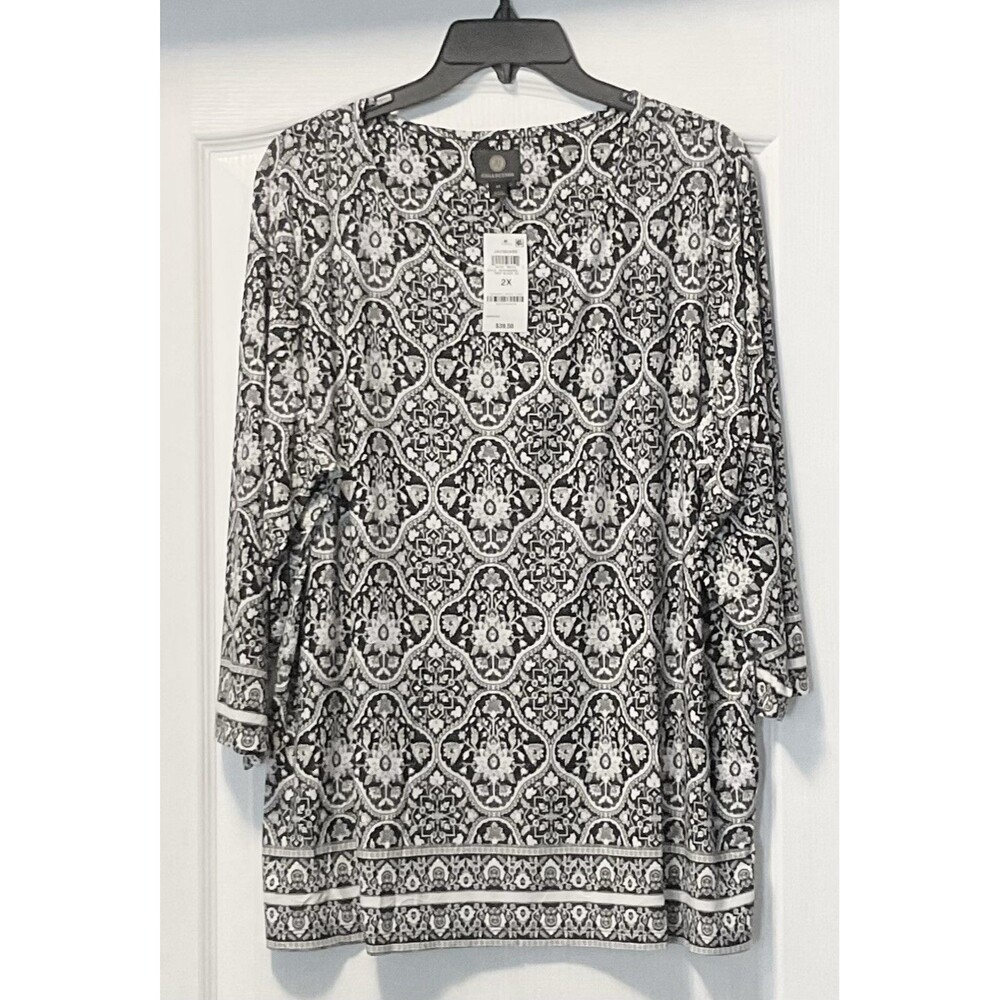 JM Collection Plus Size Printed Jacquard Top Size 2X, Black
